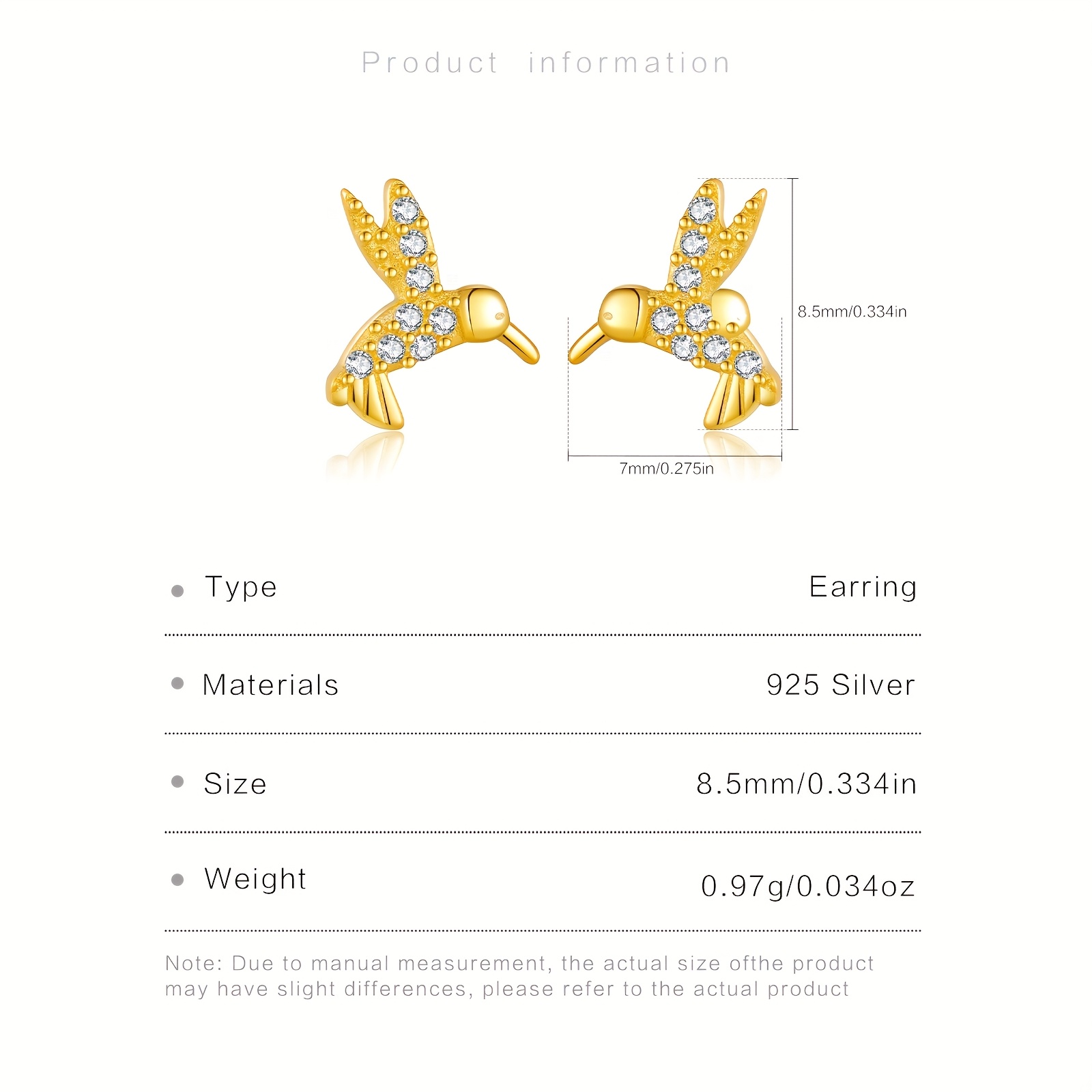 Women's Hummingbird Shaped Stud Earrings in 925 Silver